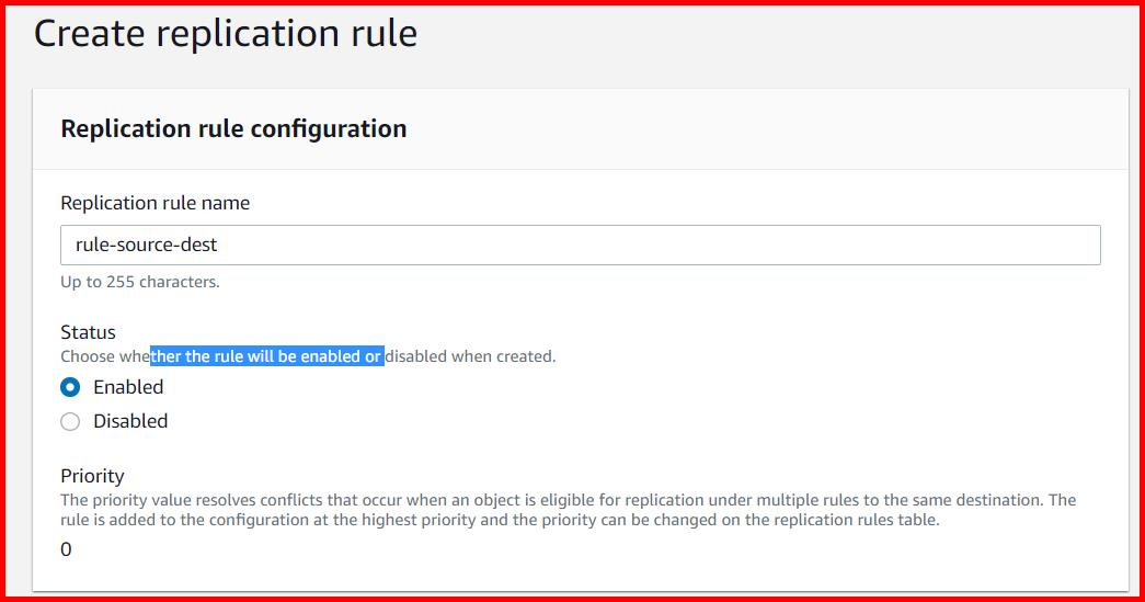 Picture showing the create replication screen in aws